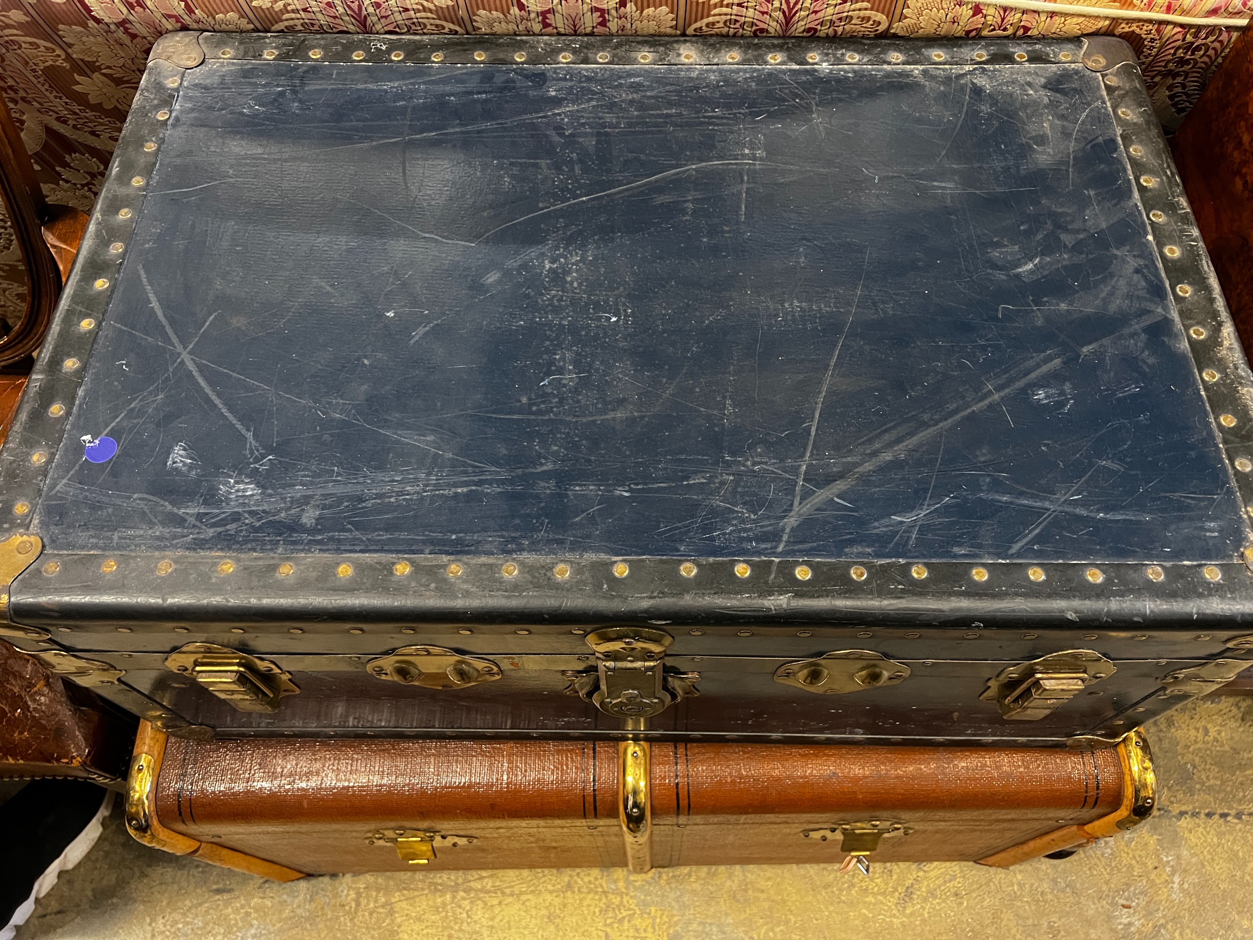 Two vintage cabin trunks, larger 89cm, depth 50cm, height 48cm